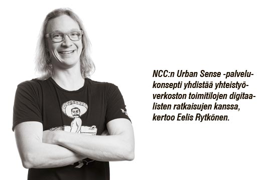 NCC:n Urban Sense -palvelukonsepti yhdistää yhteistyöverkoston toimitilojen digitaalisten ratkaisujen kanssa, kertoo Eelis Rytkönen.