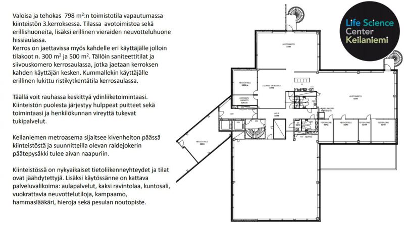3.krs 798 m2 jaettavissa n.500 m2/300 m2