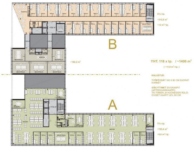 A-B kerrospohjaluonnos avo- ja huoneratkaisulla
