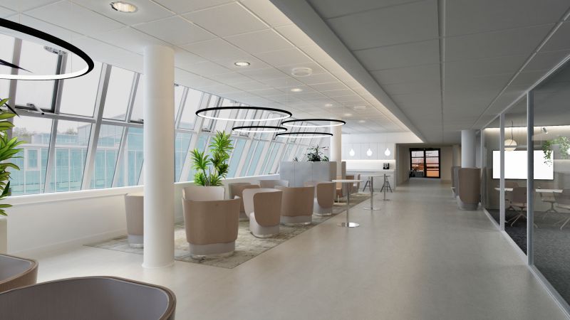 Sisäkuva, suunnittelijan toteuttama hybriditoimiston aula, havainnekuva