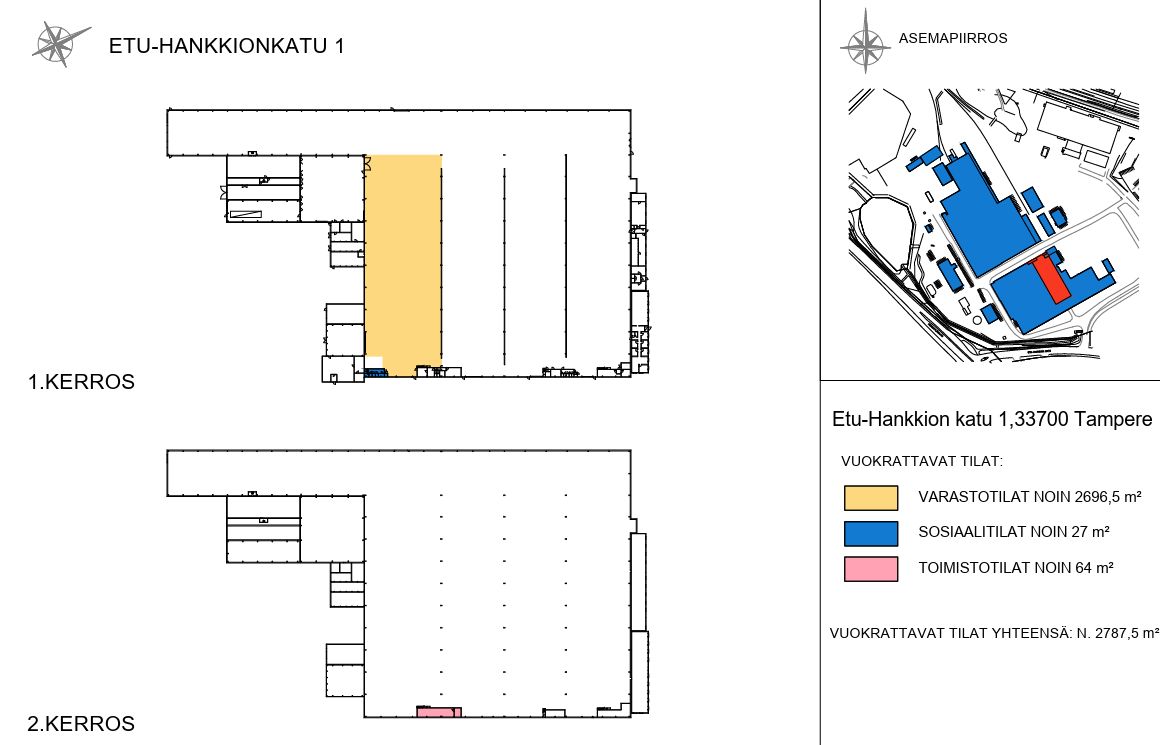 Pohjakuva varasto 2696 m2, sosiaalitilat 27 m2, toimisto 64 m2.