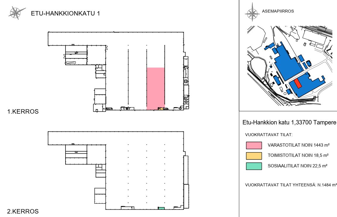 Pohjakuva varasto 1443 m22, sosiaalitilat 18 m2, sosiaalitilat 22 m2.