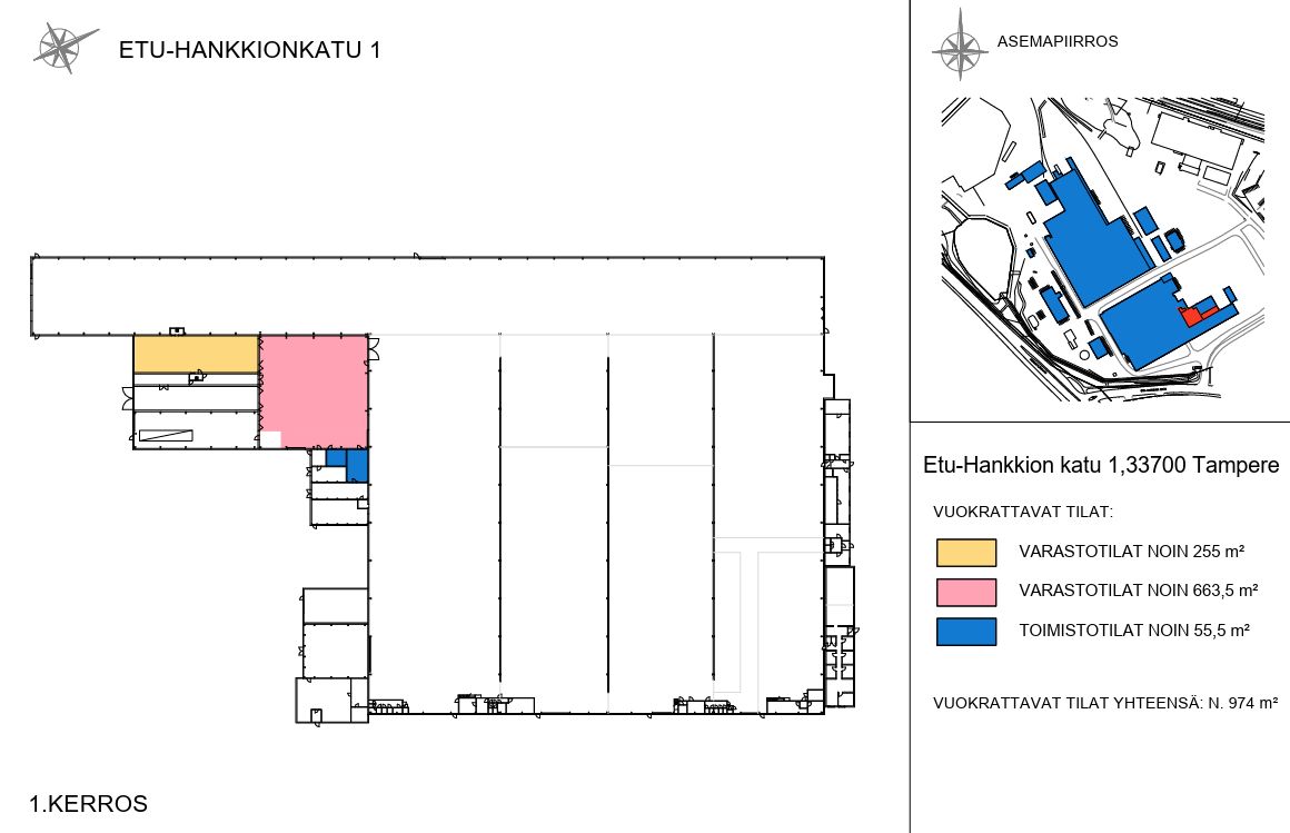Pohjakuva varastot 655 m2 ja 255 m2, toimisto 55,5 m2.
