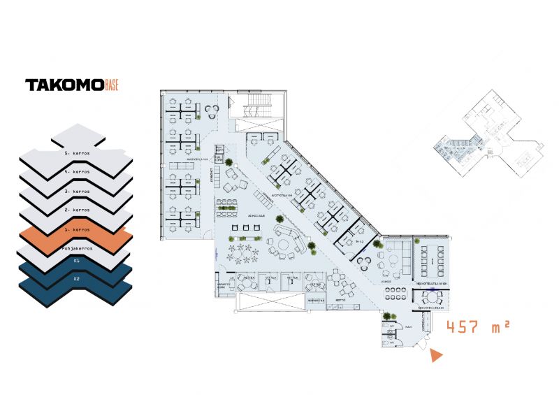 Vuokrattavan tilan sijainti ja pohjakuva esimekkikalustuksella