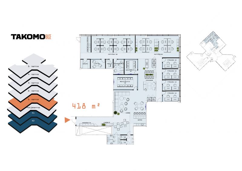 Vuokrattavan tilan sijainti ja pohjakuva esimekkikalustuksella