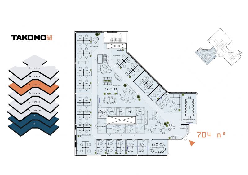 Vuokrattavan tilan sijainti ja pohjakuva esimekkikalustuksella