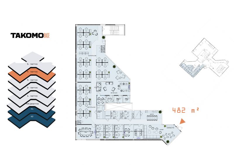 Vuokrattavan tilan sijainti ja pohjakuva esimekkikalustuksella