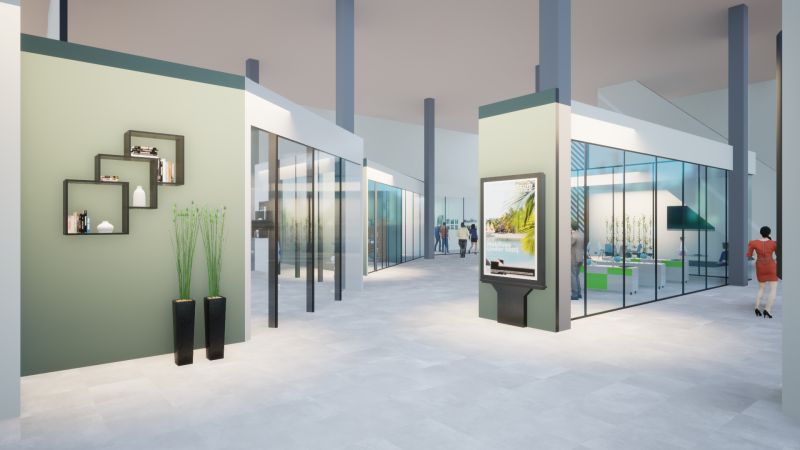 Havainne kuva liiketiloista sisääntulosta katsottuna