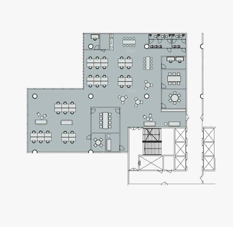 Vuokrattavan tilan pohjakuva esimerkkikalustuksella.