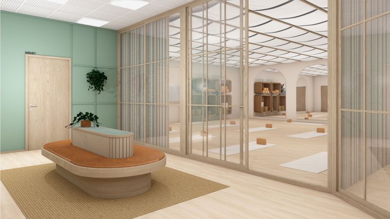 Havainnekuva sisääntuloaulasta joogastudio