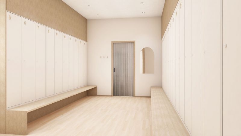 Havainnekuva joogasalin pukuhuonetila