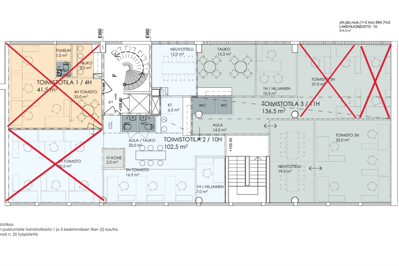 2 krs pohjakuva, varatut tilat merkitty punaisella