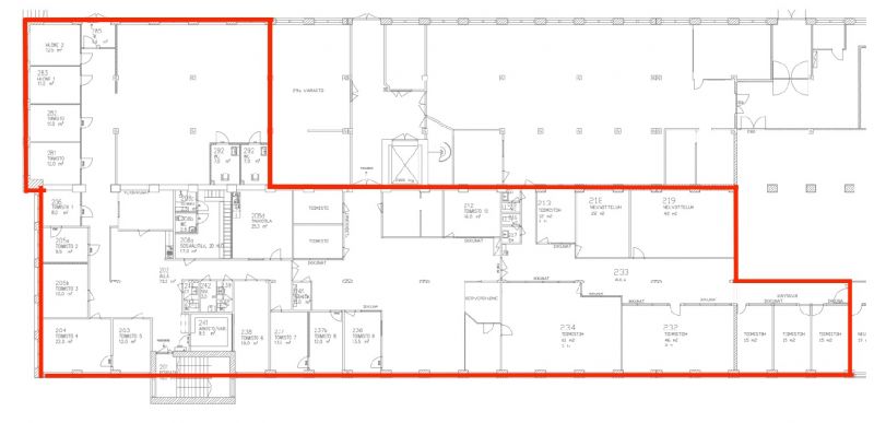 Pohjakuva, vuokrattava tila merkitty punaisella