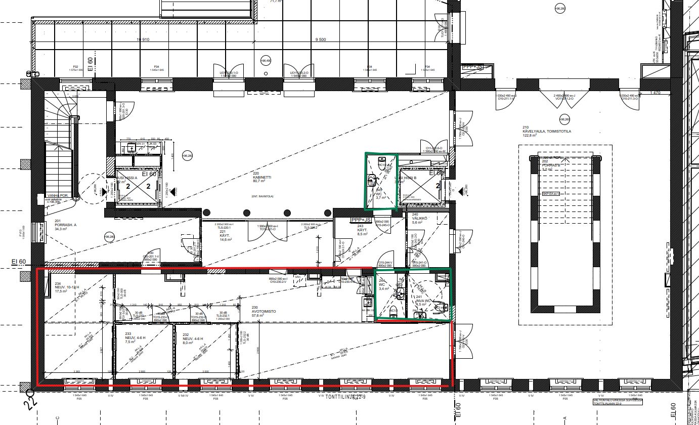 Pohjakuva 90 m2 merkitty punaisella, yhteiskäyttö wc:t vihreällä
