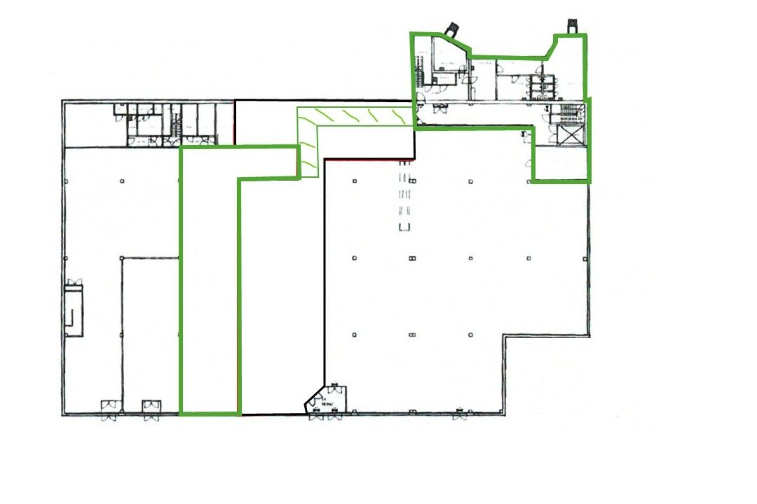 Pohjakuva, vuokraan kuuluvat tilat / yhteiskäyttötilat merkitty vihreällä + käytävä
