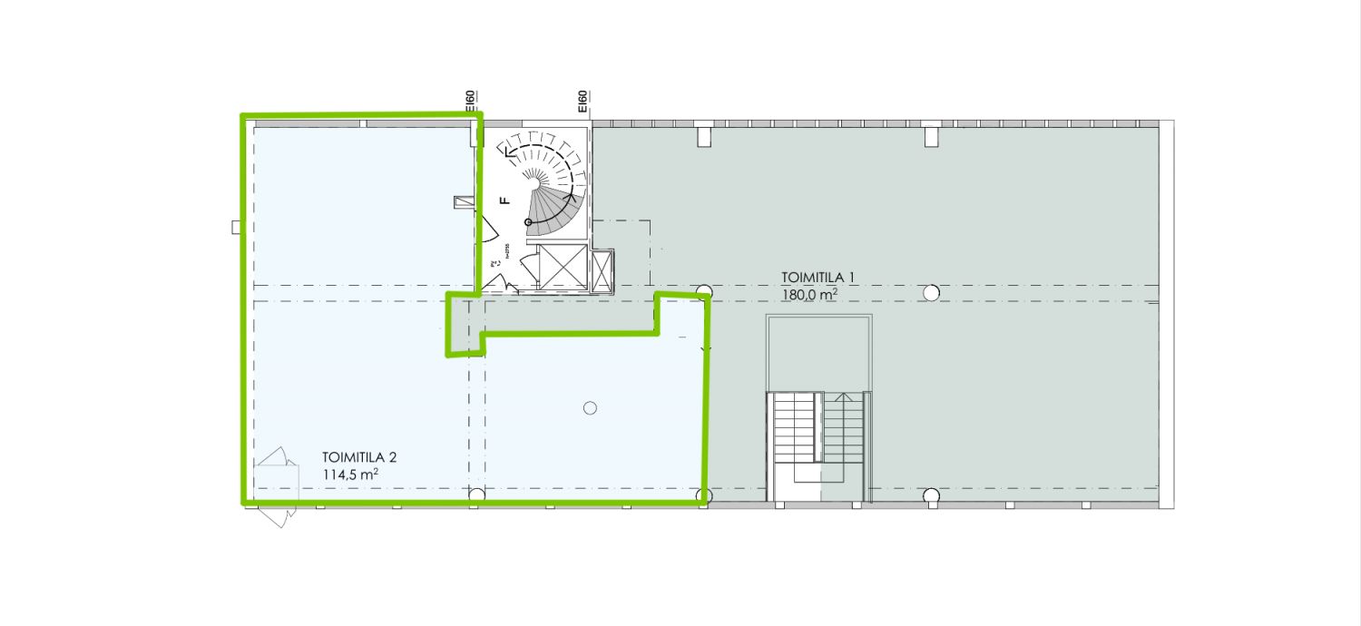 1 krs pohjakuva, vapaat tilat merkitty vihreällä