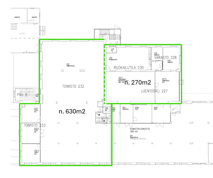 Pohjakuva, vapaana olevat tilat merkitty vihreällä, mahdollinen lohkominen katkoviivalla