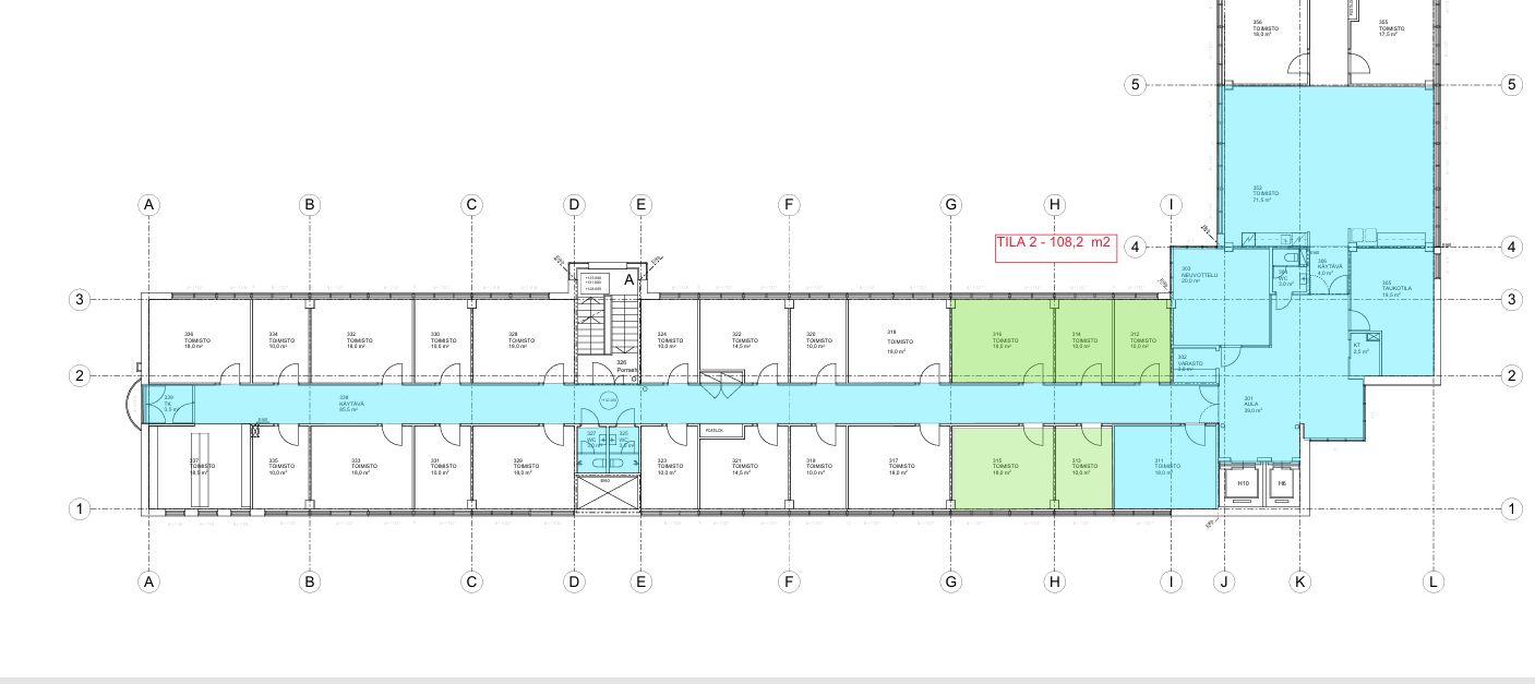 Pohjakuva, toimistot merkitty vihreällä ja yhteiskäyttöiset tilat sinisellä