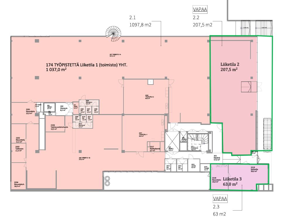 Vapaat tilat merkitty vihreällä