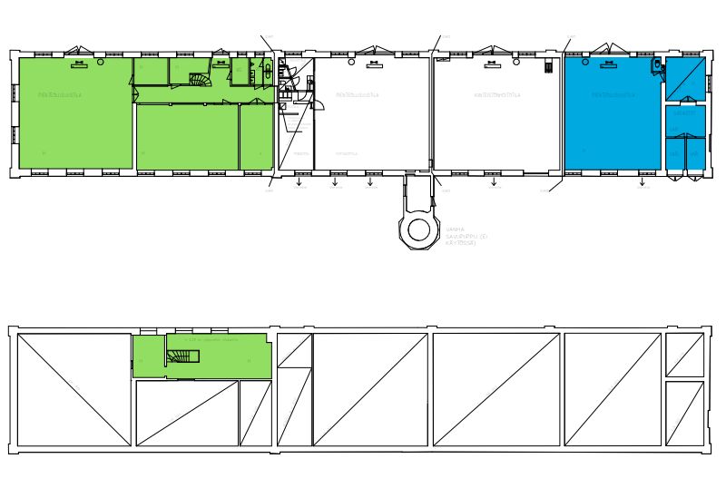 Pohjakuva, 140m2-tila merkitty sinisellä