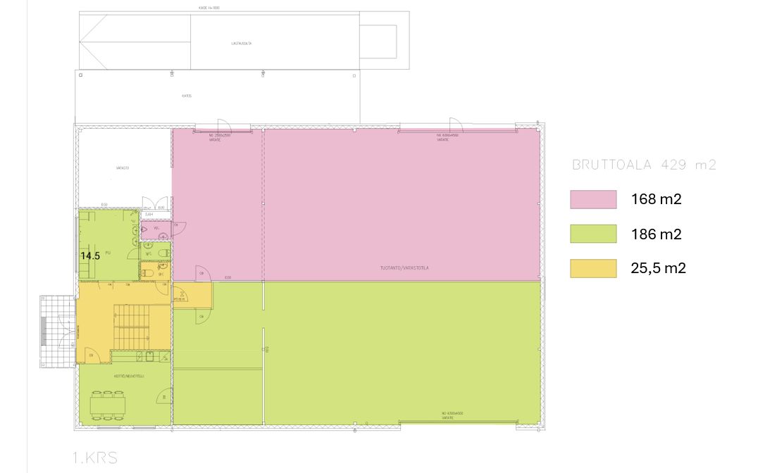Pohjakuva 1krs, vuokrattava tila merkitty vihreällä, yhteiset tilat keltaisella