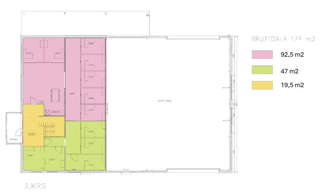 Pohjakuva 2krs, vuokrattava tila merkitty vihreällä, yhteiset tilat keltaisella