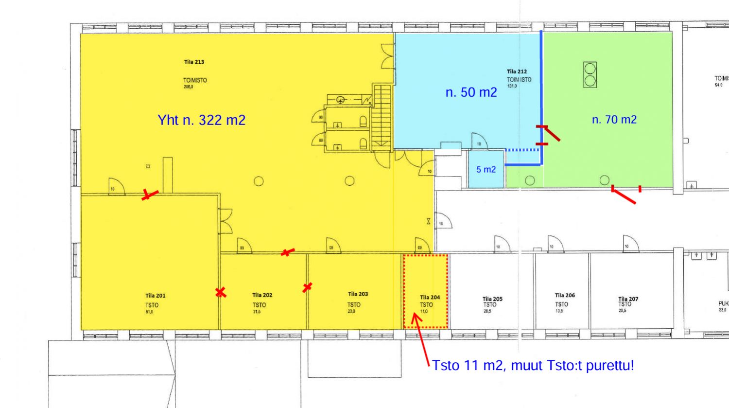 Pohjakuva, keltaisella merkityt toimistotilat purettu yhtä lukuunottamatta