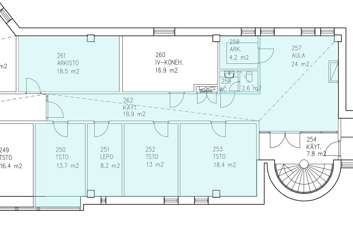 Pohjakuva, vapautuvat tilat korostettu sinisellä.