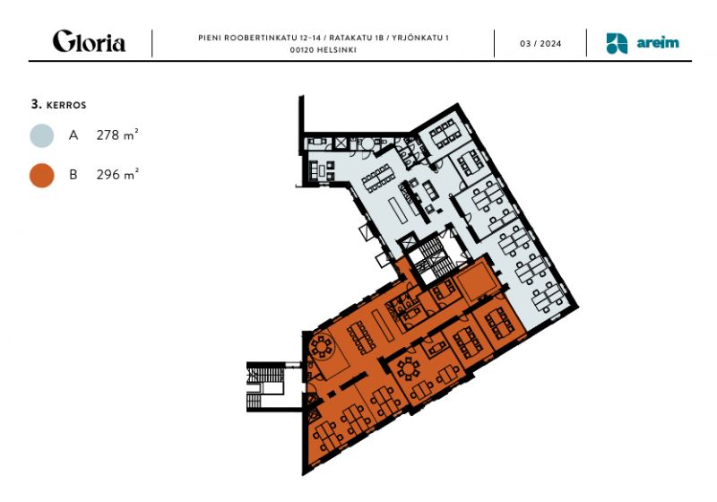 3.krs pohja 278 m2 ja296 m2, yht. 574 m2
