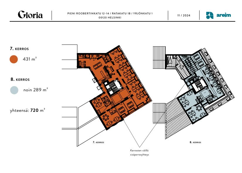7.krs 431 m2 ja 8. krs 289 m2, yht. 720 m2 luonnos