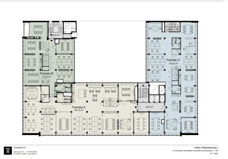 8.krs 1060 m2 (jaettavissa 212 m2/441,5 m2/372,5 m2) luonnos