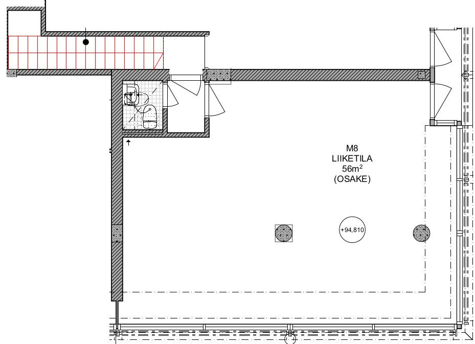 Liiketilan M 8 pohjapiirros sekä WC ja portaikko kellarivarastoon MV 12