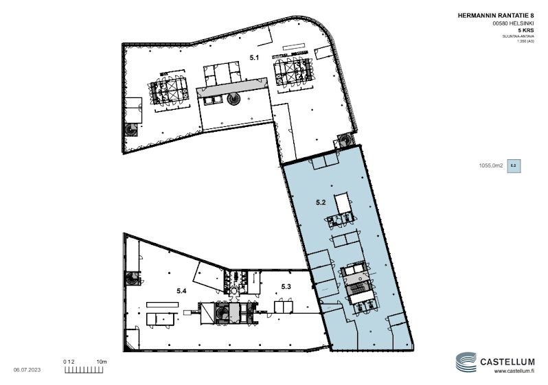 5.krs 1055 m2 jaettavissa n. 600m2/455m2 ai 660 m/385 m2