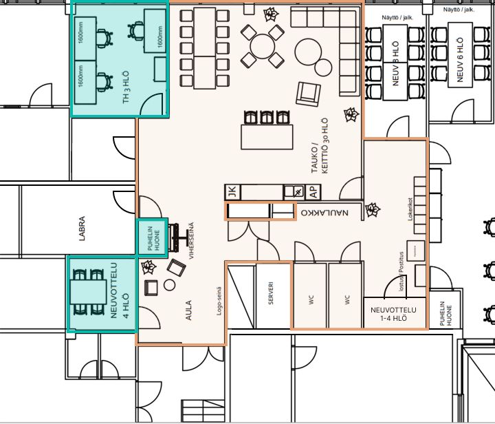 Turkoosi: alivuokrattava tila, vaaleanruskea: yhteiskäytössä olevat tilat