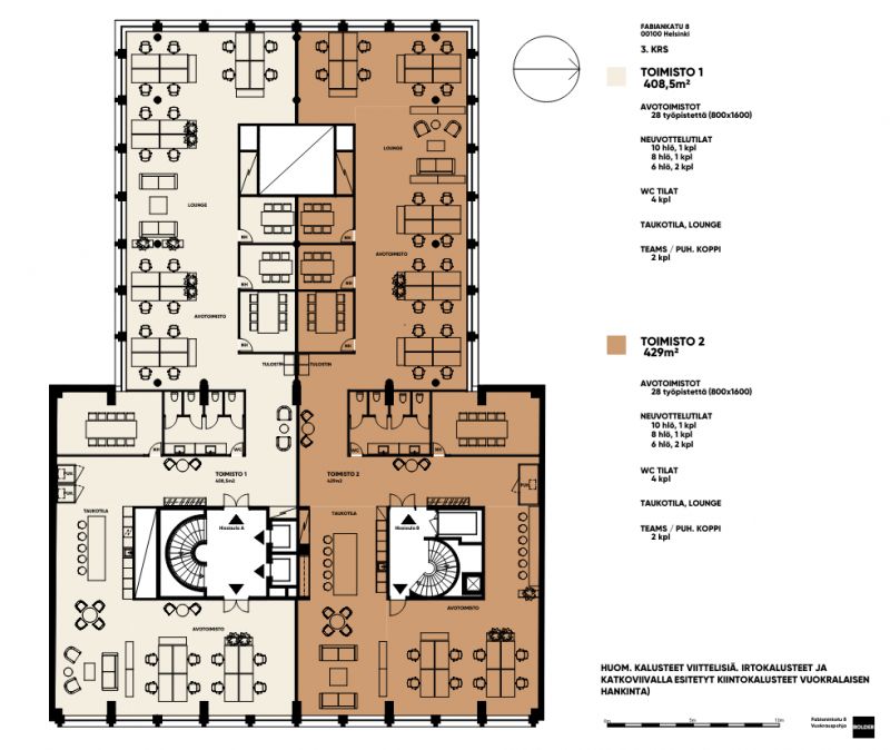 3.krs 837,5 m2 (jaettu 408 m2 ja 429 m2) pohjaluonnos