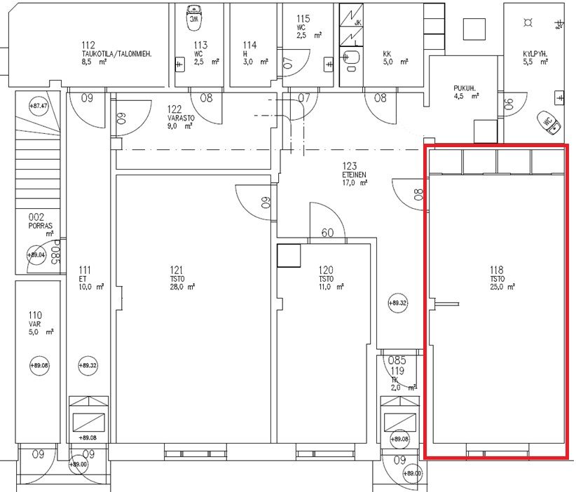 Vuokrattava toimistohuone merkitty punaisella.