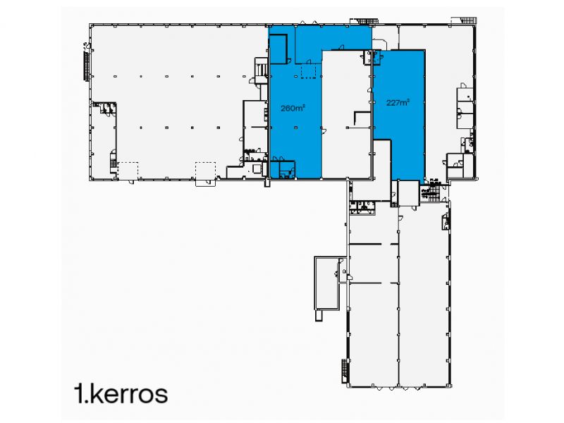 1.krs varasto-/tuotanto 227 m2 ja 260 m2.