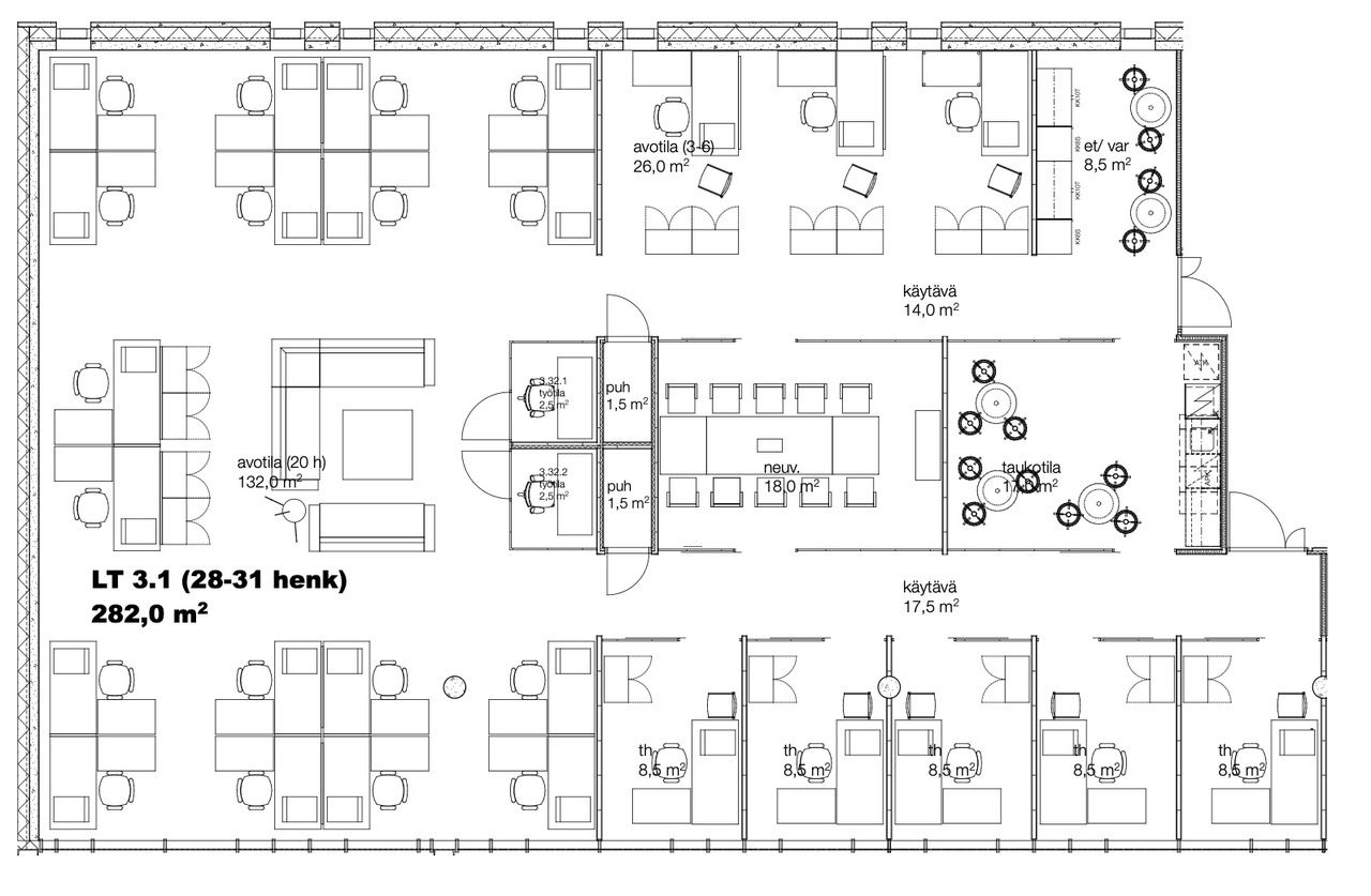 Pohjakuvan luonnos 93-282 m2 toimistotila 3. krs