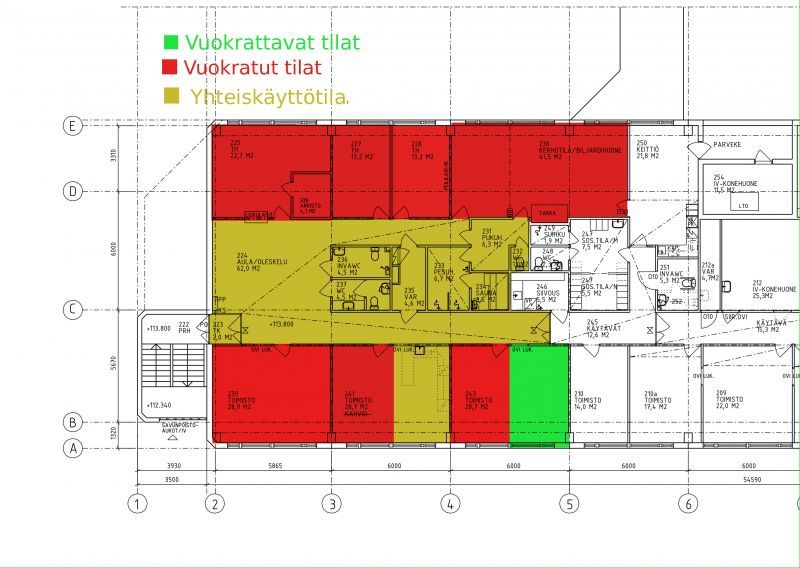 Vapaa tila merkitty pohjakuvaan vihreällä