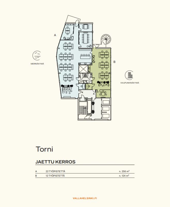 Torni kerroskuva 380 m2 jaettu 256 m2/124 m2.