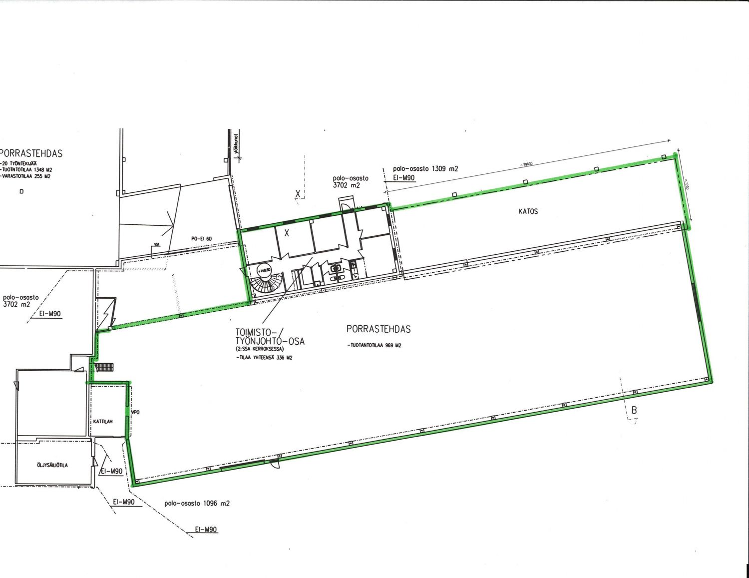 Pohjakuva, tilat merkitty vihreällä