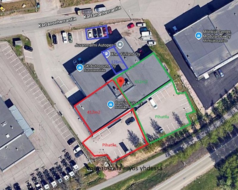 Soveltuu pienimuotoiselle autokaupalle tai liiketilaksi. Hyvä näkyvyys