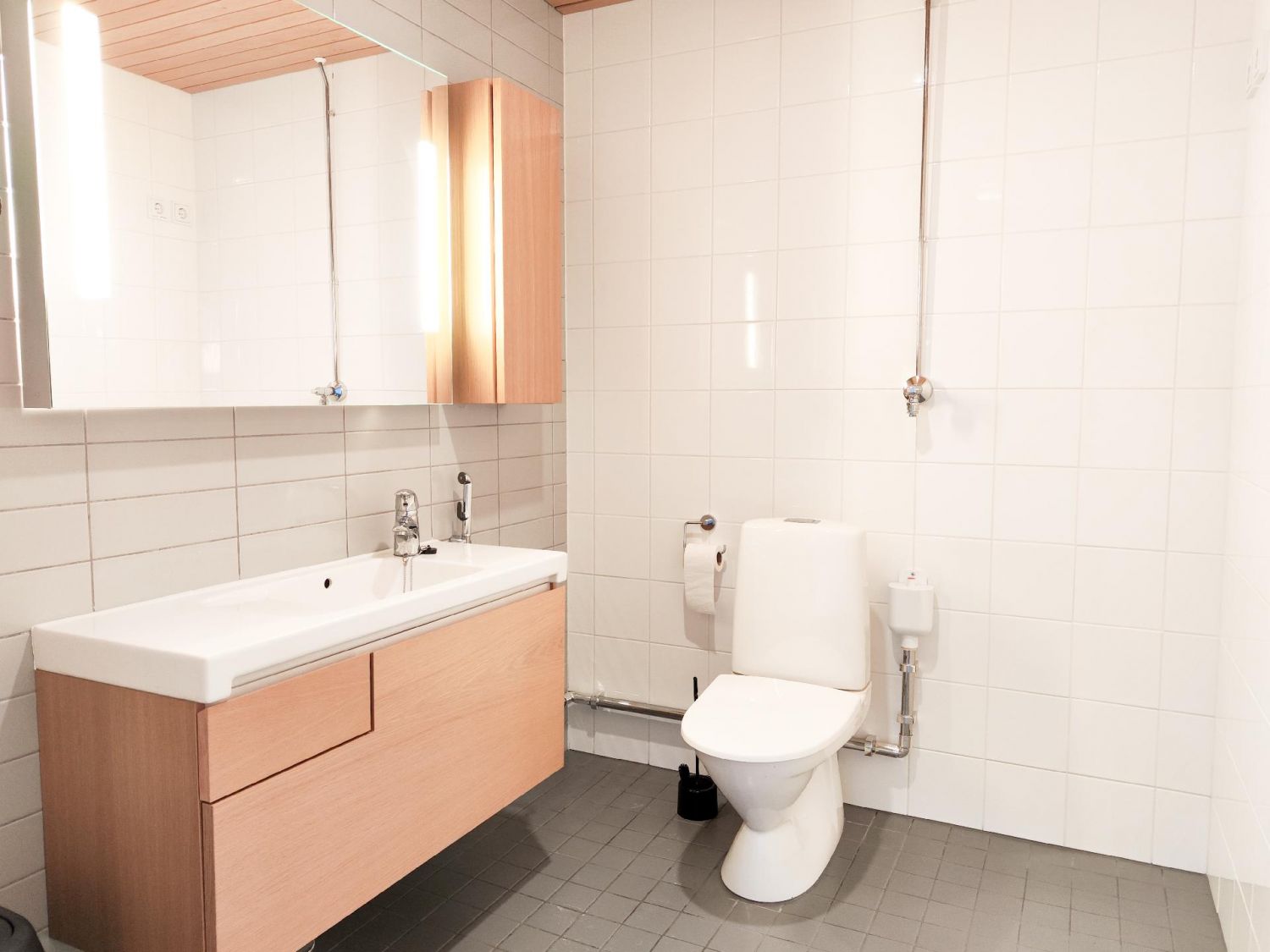 Todella tilava WC, jossa pyykinpesukoneliitäntä.