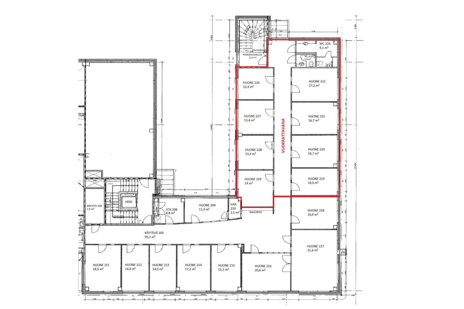 Vuokratila rajattu punaisella pohjakuvaan