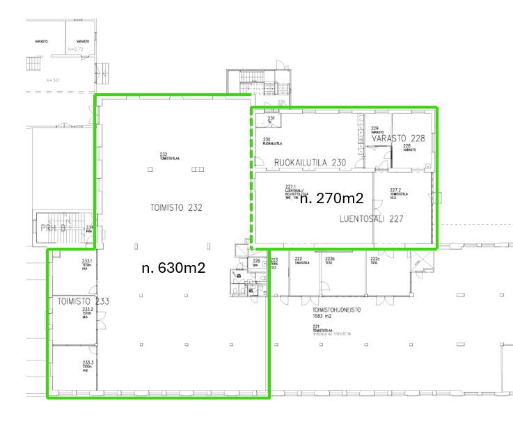 Pohjakuva, vapaana olevat tilat merkitty vihreällä, mahdollinen lohkominen katkoviivalla