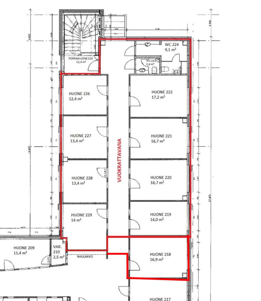 Pohjakuvaan rajattu vuokratila punaisella