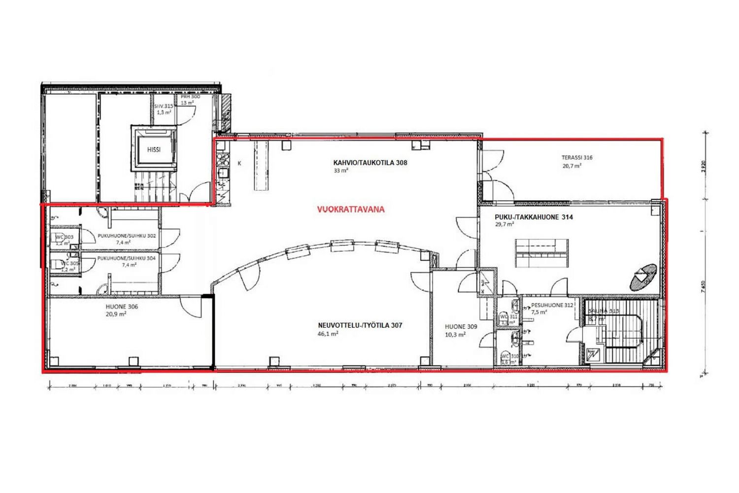 Tila rajattu pohjakuvaan punaisella