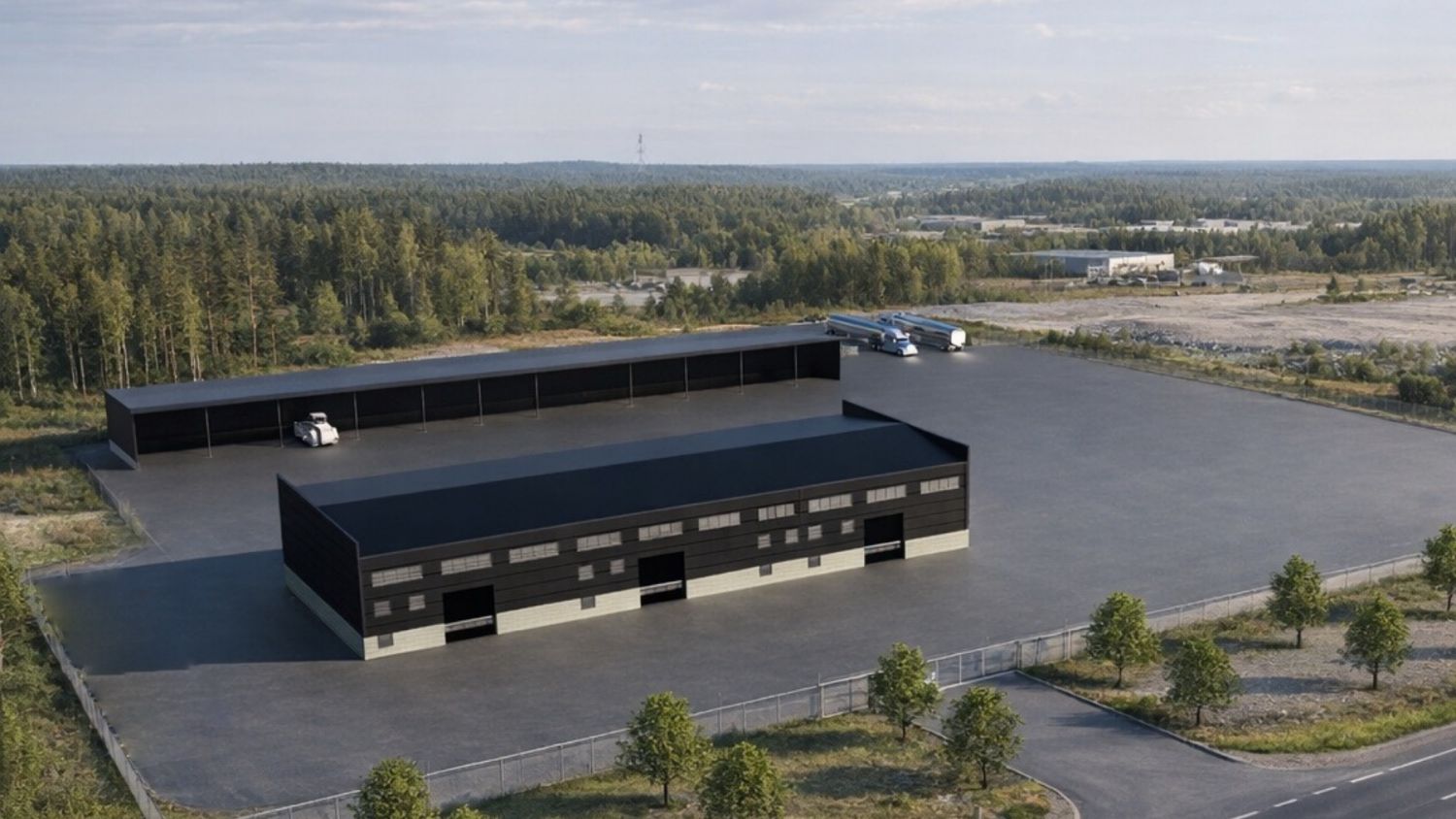 Esimerkkikuva mahdollisesta toimitilarakennuksesta Lakarin teollisuusalueella Raumalla. Tilat voidaan toteuttaa yrityksen tarpeisiin esimerkiksi varasto-, tuotanto- tai logistiikkakäyttöön.