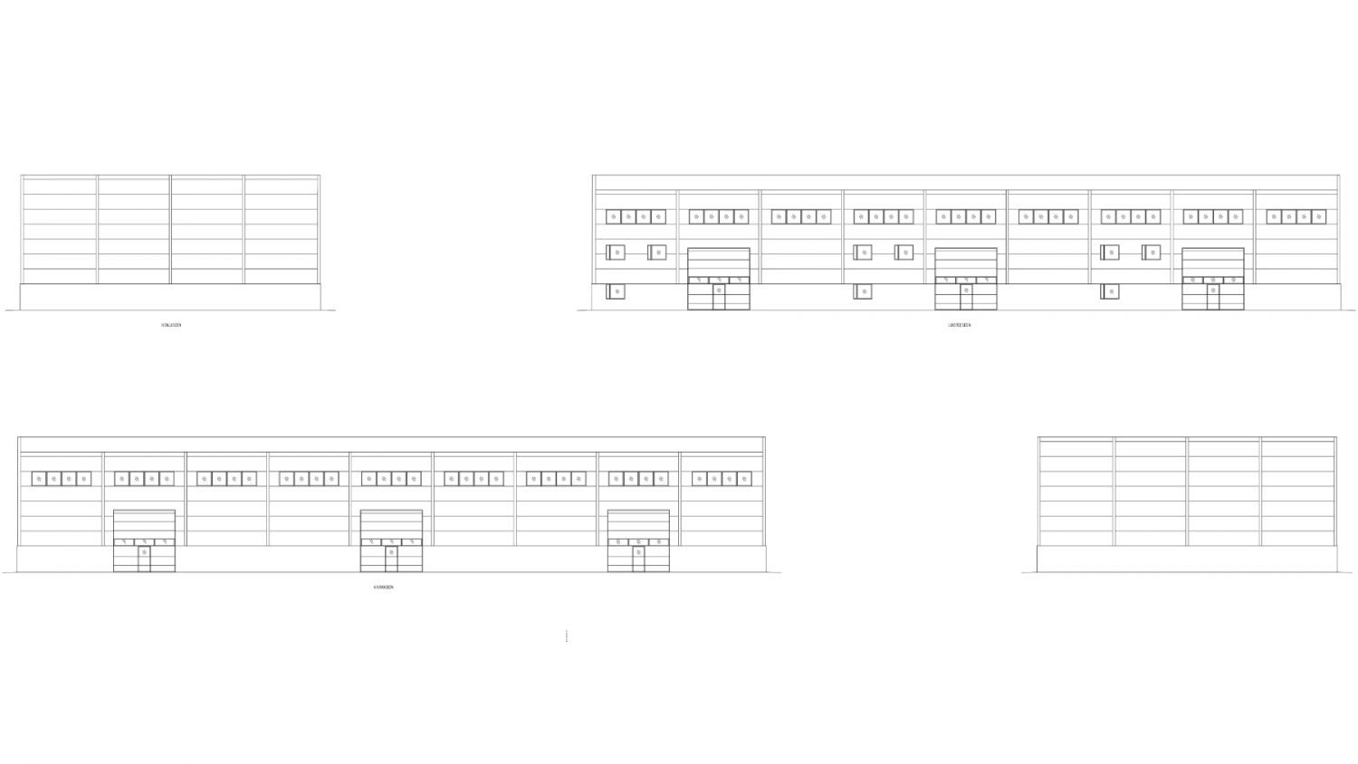 Julkisivupiirros esimerkkiratkaisusta toimitilarakennukselle Lakarin teollisuusalueella Raumalla.