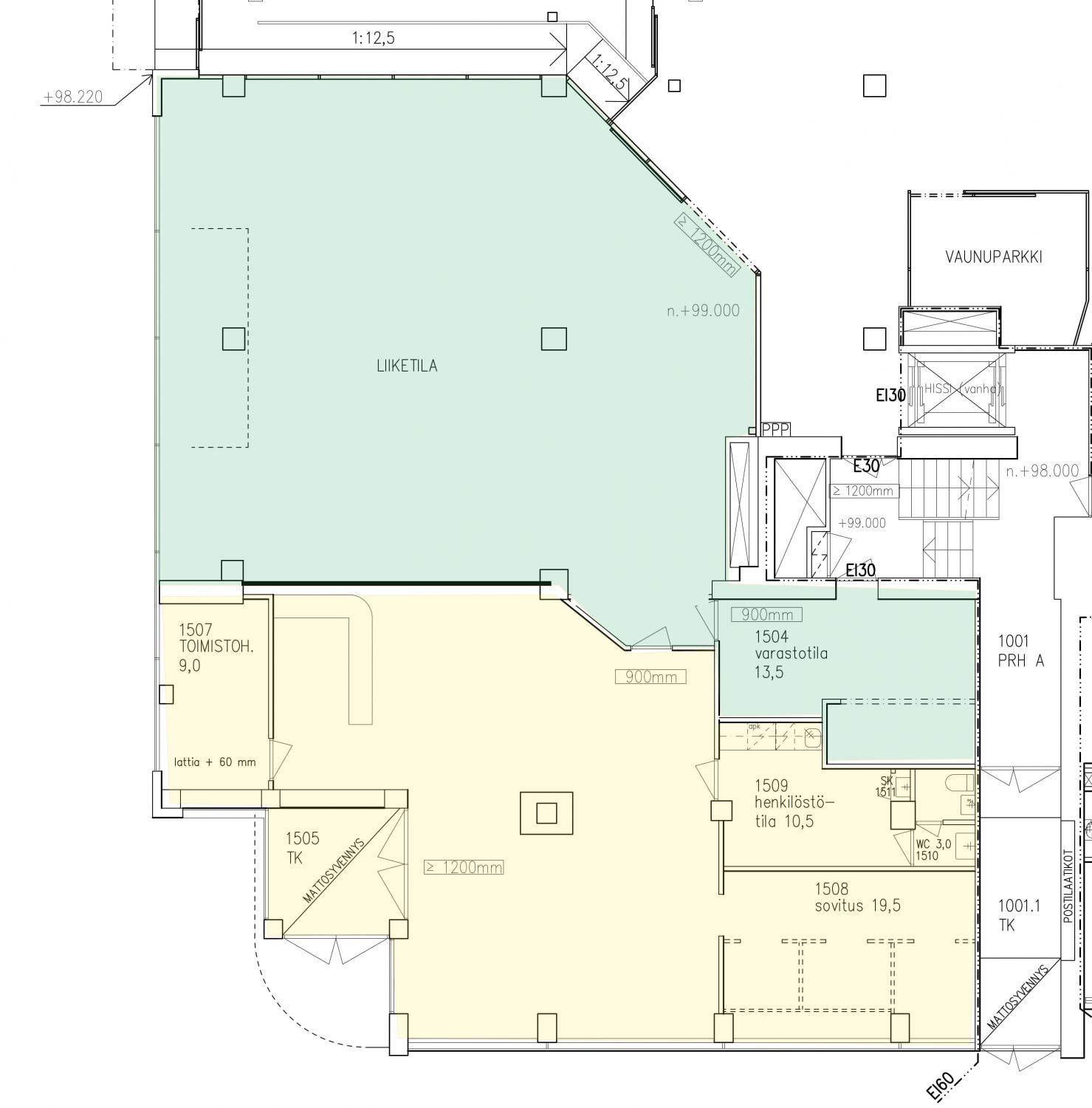 Ohjeellinen pohjakuva liiketilat vierekkäin